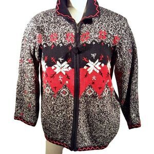 Vintage 90s Christmas Sweater Womens M Red Black Full Zip Cardigan Snowflake